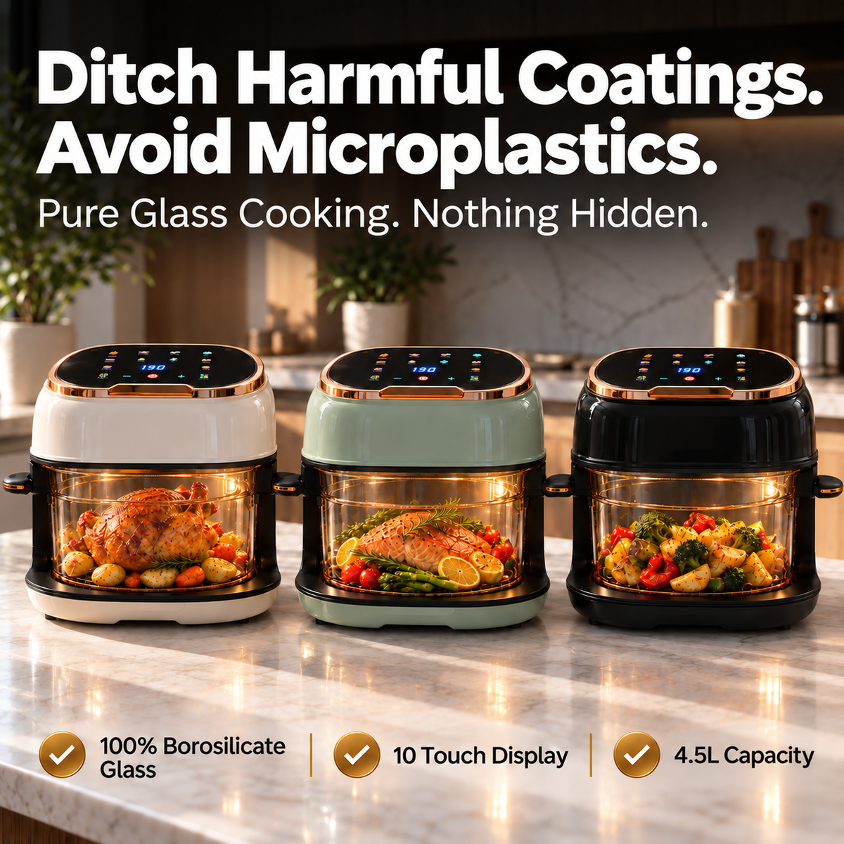 The Chef Solutions Premium Glass Air Fryer in Pearl White, Sage Green and Black, each with food cooking visible through the glass bowl