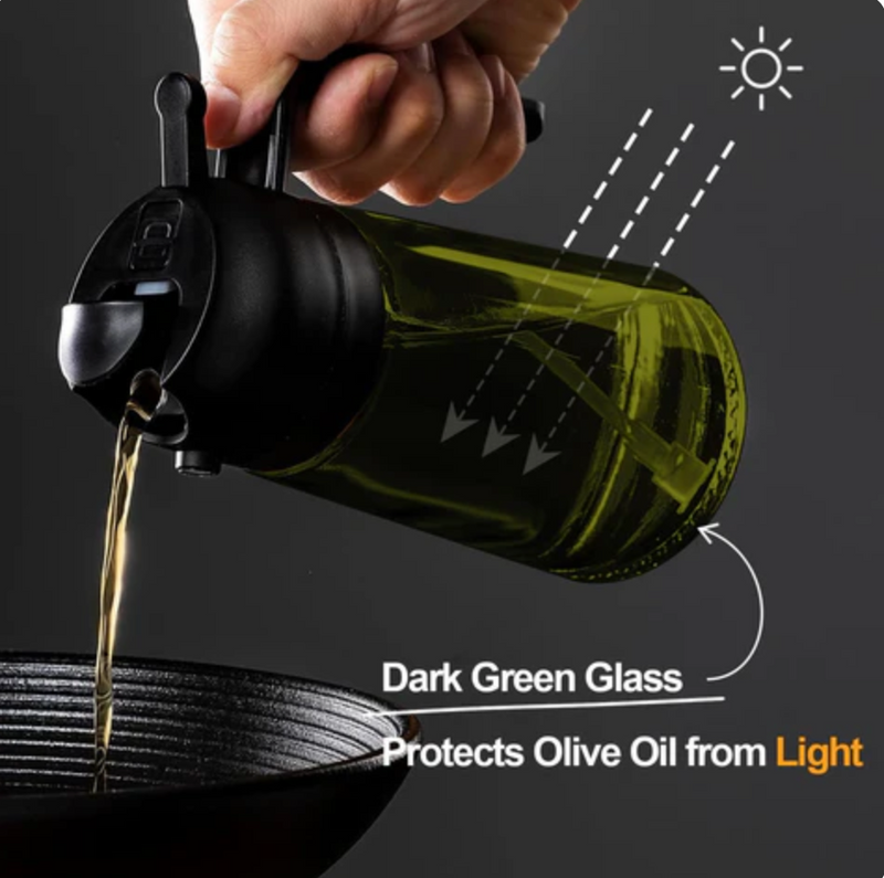 Close-up of borosilicate glass oil spray bottle